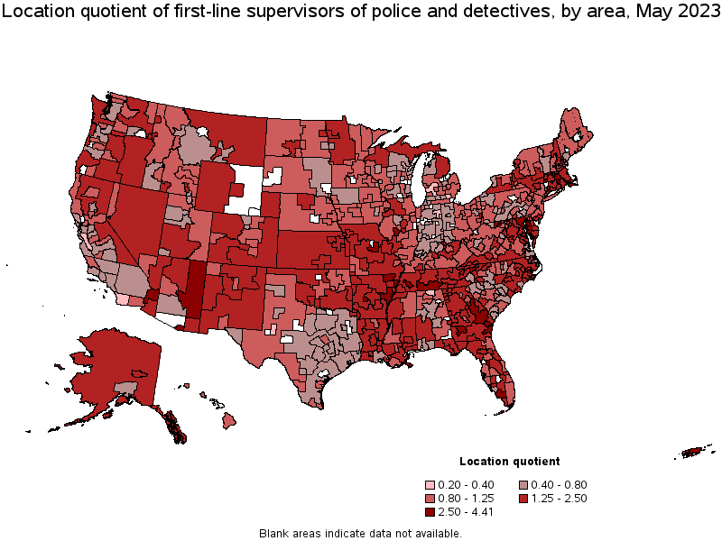 Map of location quotient of first-line supervisors of police and detectives by area, May 2023