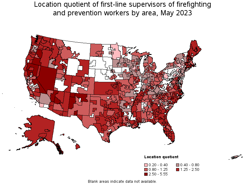 Map of location quotient of first-line supervisors of firefighting and prevention workers by area, May 2023