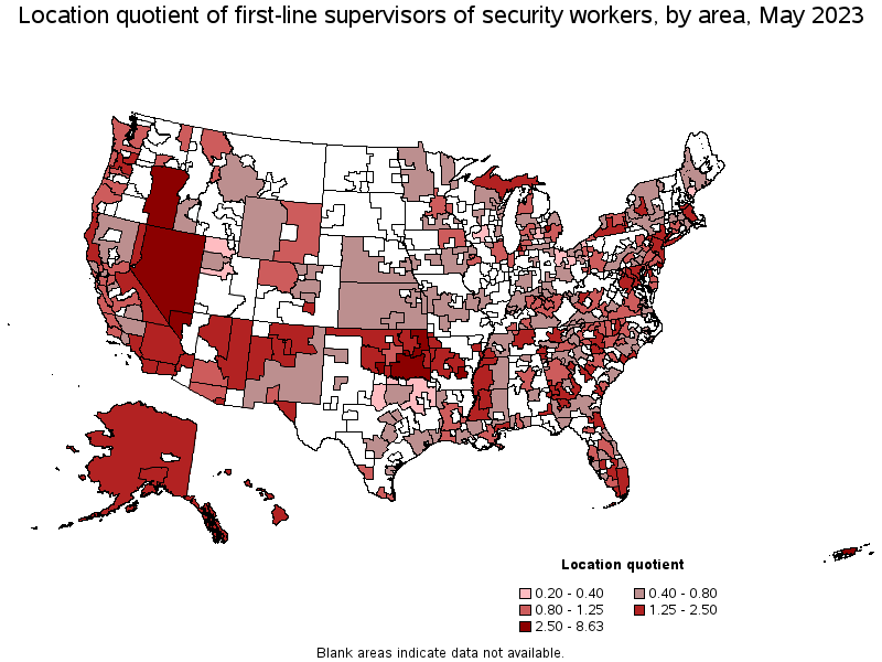 Map of location quotient of first-line supervisors of security workers by area, May 2023