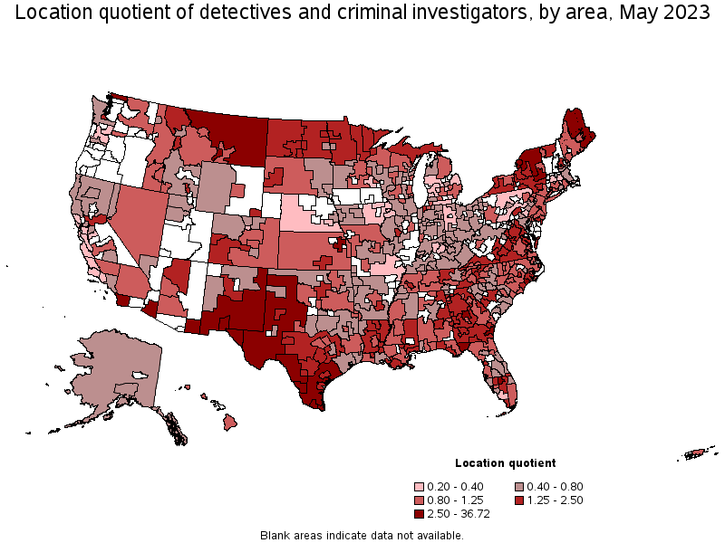 Map of location quotient of detectives and criminal investigators by area, May 2023