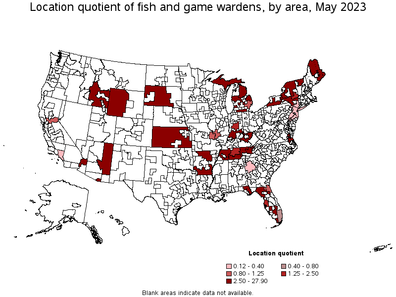 Map of location quotient of fish and game wardens by area, May 2023