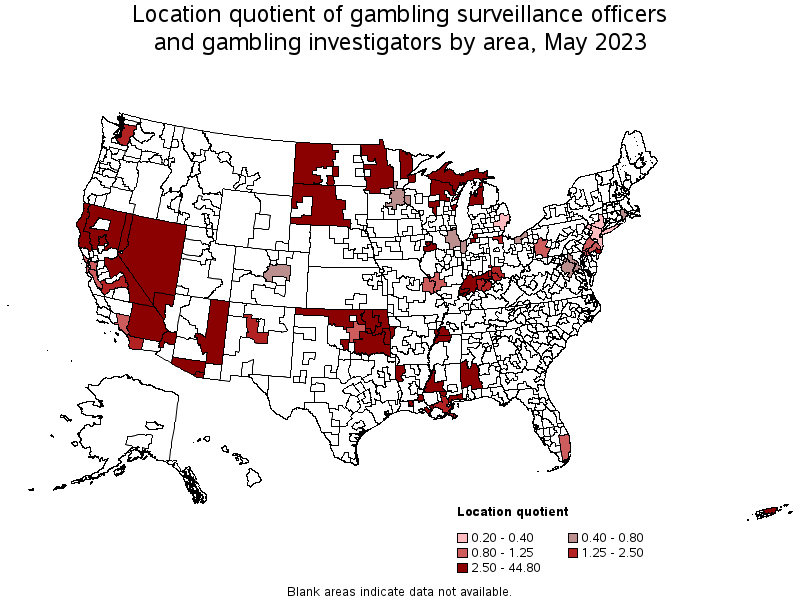 Map of location quotient of gambling surveillance officers and gambling investigators by area, May 2023