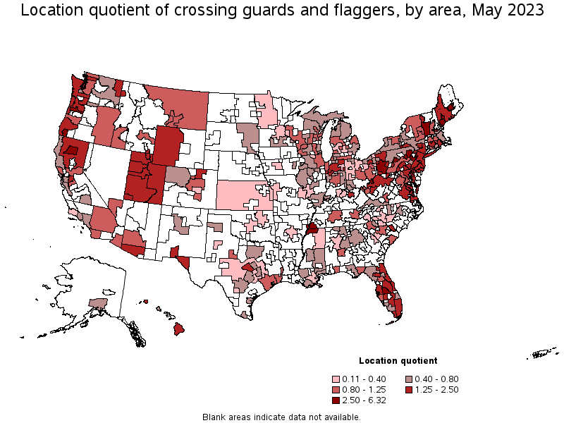 Map of location quotient of crossing guards and flaggers by area, May 2023