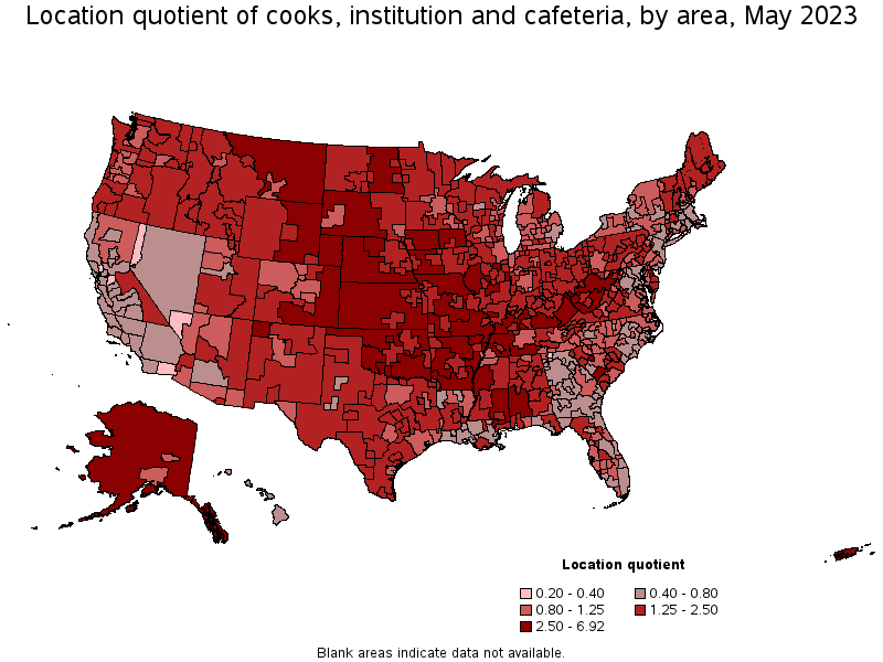 Map of location quotient of cooks, institution and cafeteria by area, May 2023