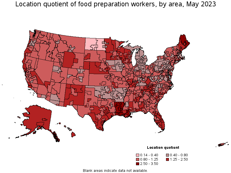 Map of location quotient of food preparation workers by area, May 2023