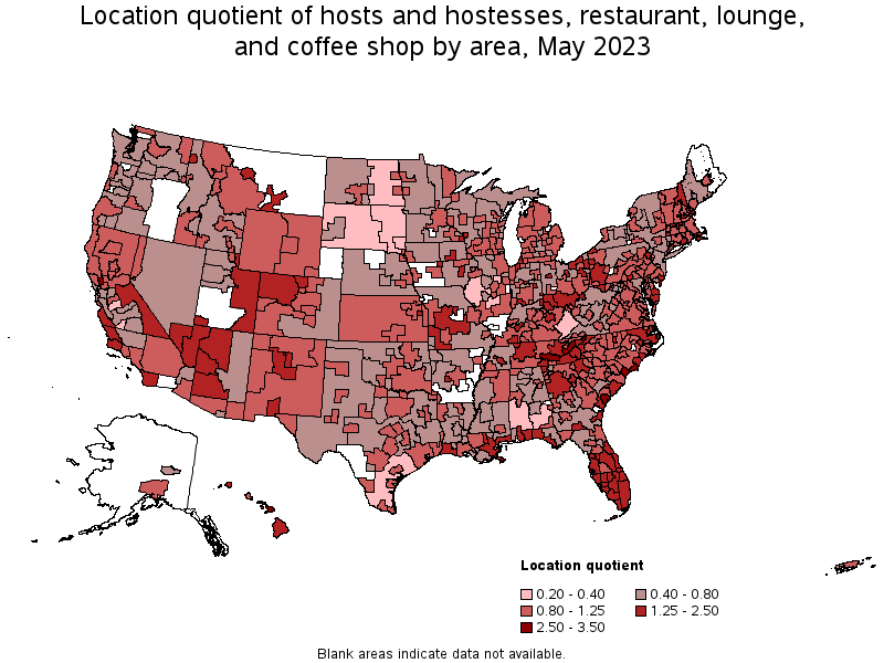 Map of location quotient of hosts and hostesses, restaurant, lounge, and coffee shop by area, May 2022