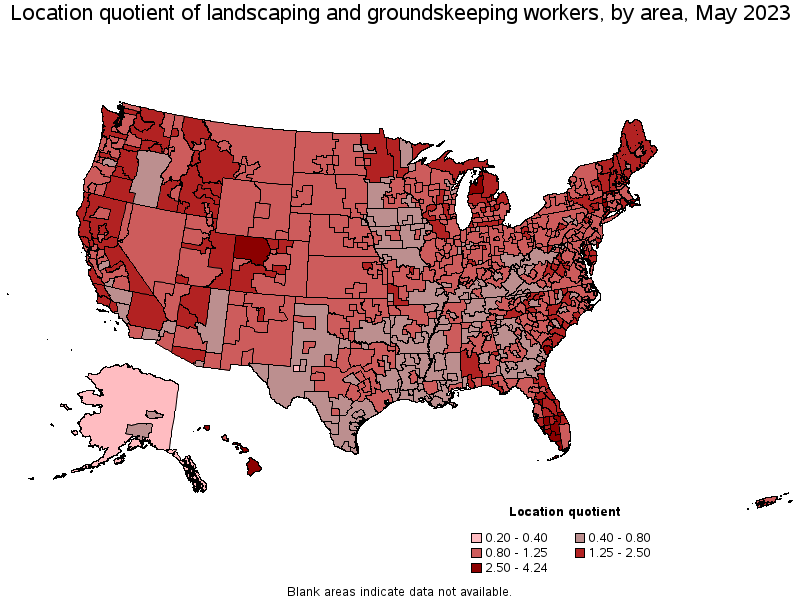 Map of location quotient of landscaping and groundskeeping workers by area, May 2023