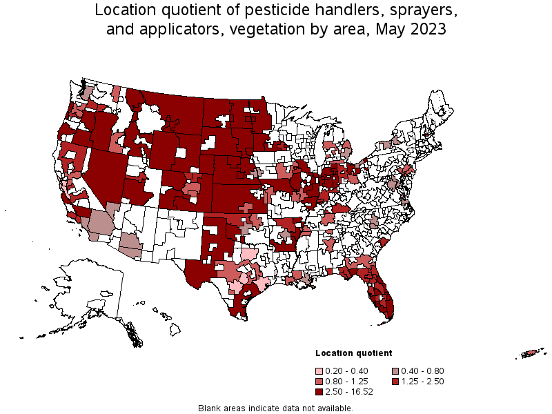 Map of location quotient of pesticide handlers, sprayers, and applicators, vegetation by area, May 2023