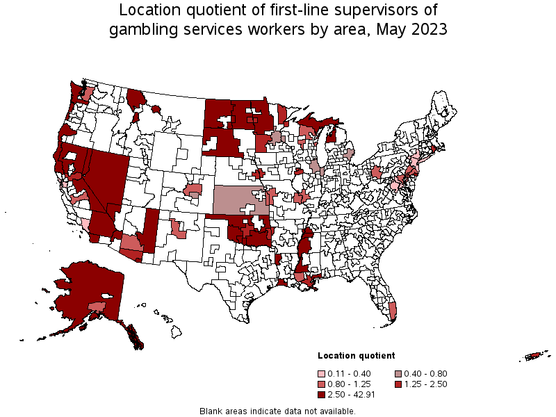 Map of location quotient of first-line supervisors of gambling services workers by area, May 2023