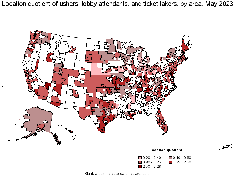 Map of location quotient of ushers, lobby attendants, and ticket takers by area, May 2023