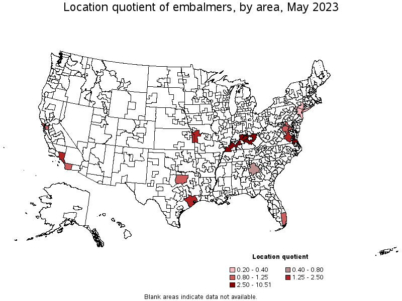 Map of location quotient of embalmers by area, May 2023