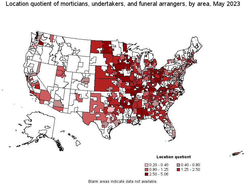 Map of location quotient of morticians, undertakers, and funeral arrangers by area, May 2023