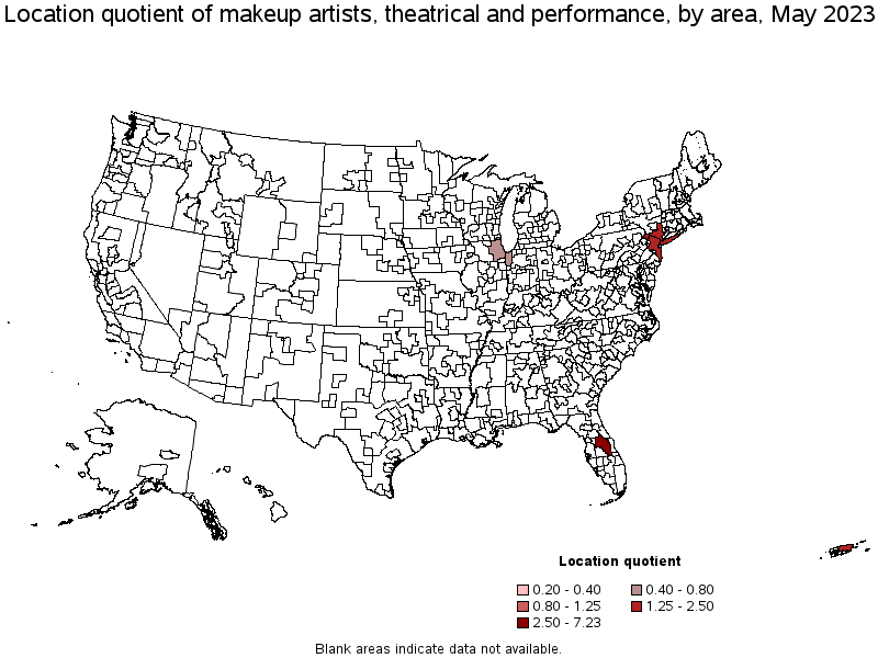 Map of location quotient of makeup artists, theatrical and performance by area, May 2023