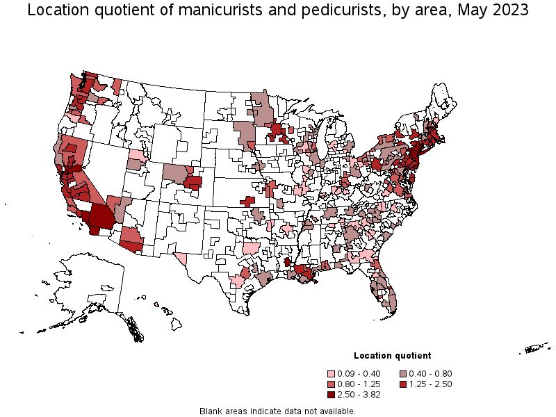 Map of location quotient of manicurists and pedicurists by area, May 2023
