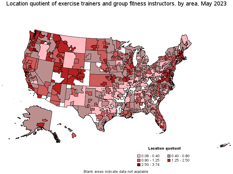 Map of location quotient of exercise trainers and group fitness instructors by area, May 2023