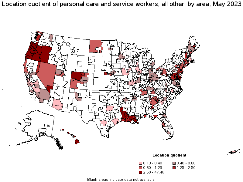 Map of location quotient of personal care and service workers, all other by area, May 2023