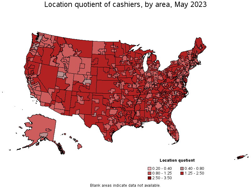 Map of location quotient of cashiers by area, May 2023