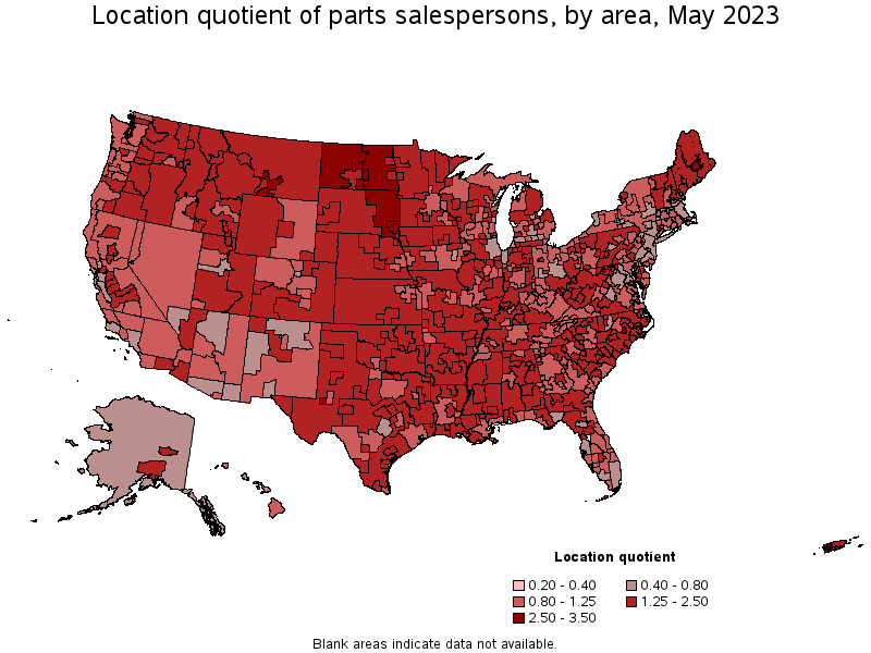 Map of location quotient of parts salespersons by area, May 2023