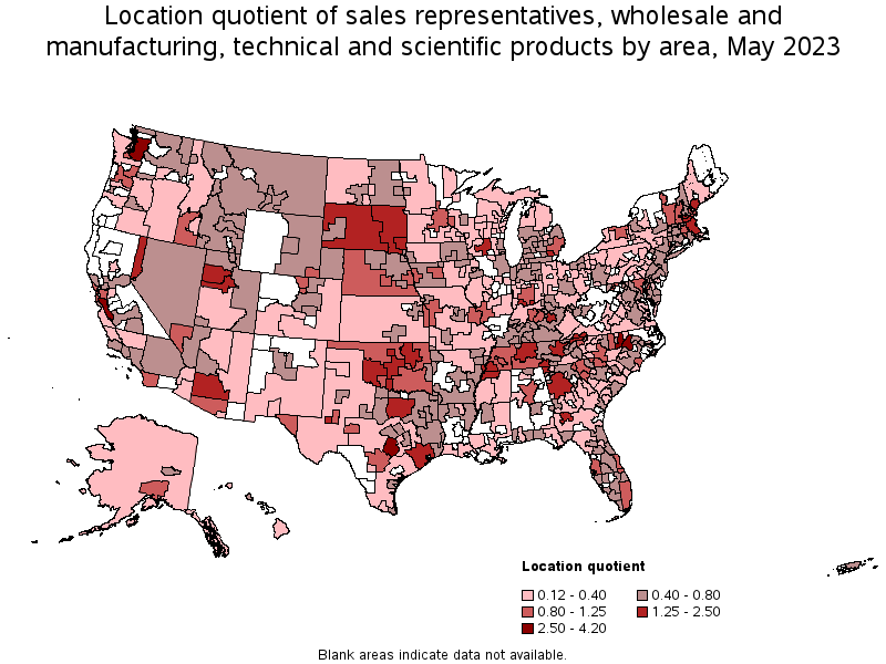 Map of location quotient of sales representatives, wholesale and manufacturing, technical and scientific products by area, May 2023