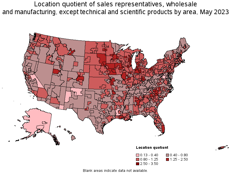 Map of location quotient of sales representatives, wholesale and manufacturing, except technical and scientific products by area, May 2023