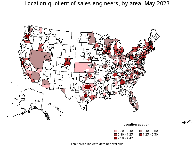 Map of location quotient of sales engineers by area, May 2023