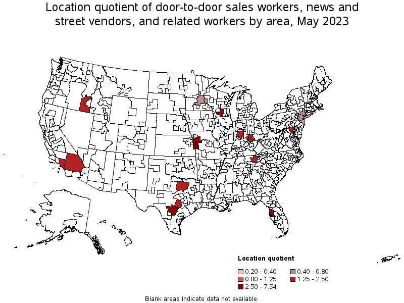 Map of location quotient of door-to-door sales workers, news and street vendors, and related workers by area, May 2023
