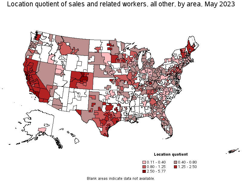 Map of location quotient of sales and related workers, all other by area, May 2023