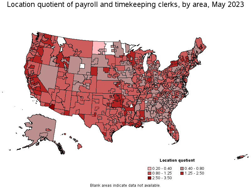 Map of location quotient of payroll and timekeeping clerks by area, May 2023