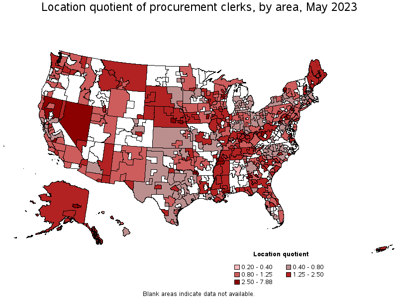 Map of location quotient of procurement clerks by area, May 2023