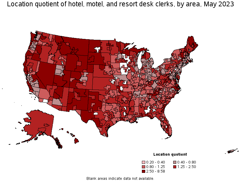 Map of location quotient of hotel, motel, and resort desk clerks by area, May 2023