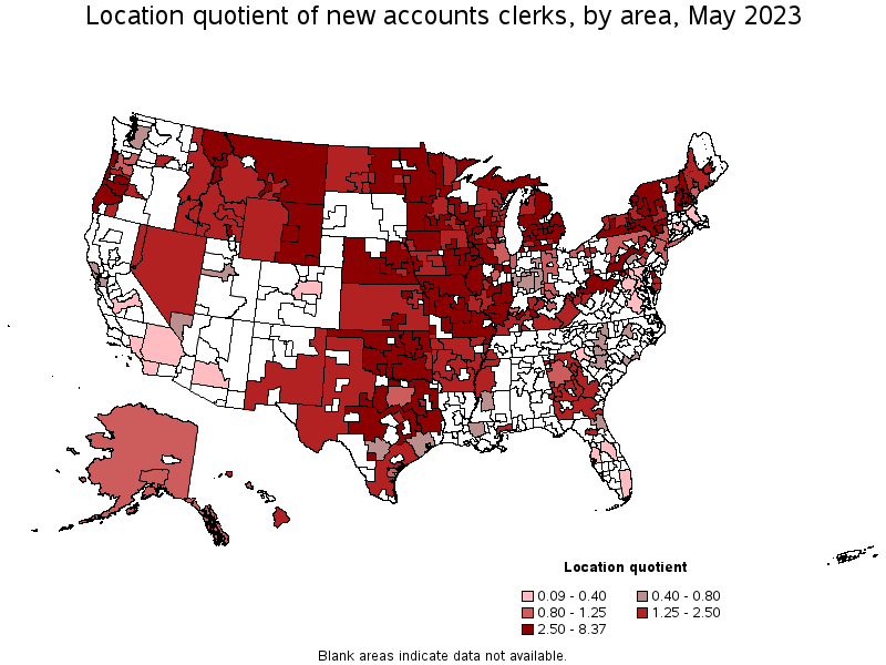 Map of location quotient of new accounts clerks by area, May 2023