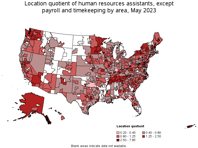 Map of location quotient of human resources assistants, except payroll and timekeeping by area, May 2023