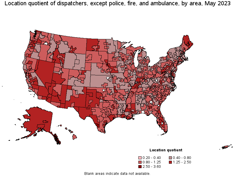 Map of location quotient of dispatchers, except police, fire, and ambulance by area, May 2023