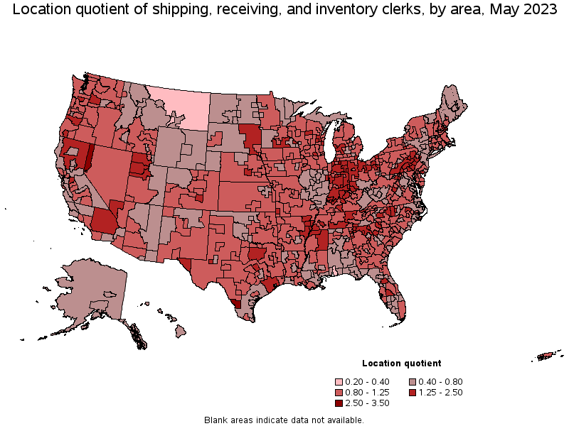 Map of location quotient of shipping, receiving, and inventory clerks by area, May 2023
