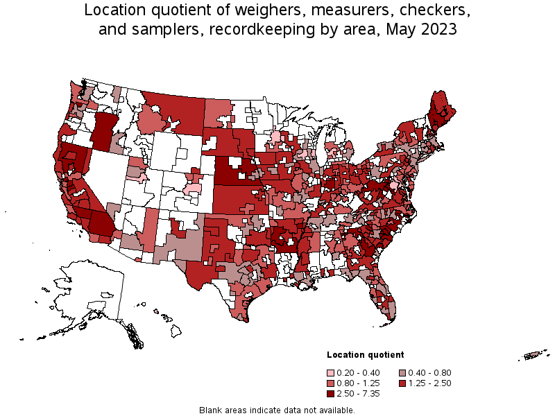 Map of location quotient of weighers, measurers, checkers, and samplers, recordkeeping by area, May 2023