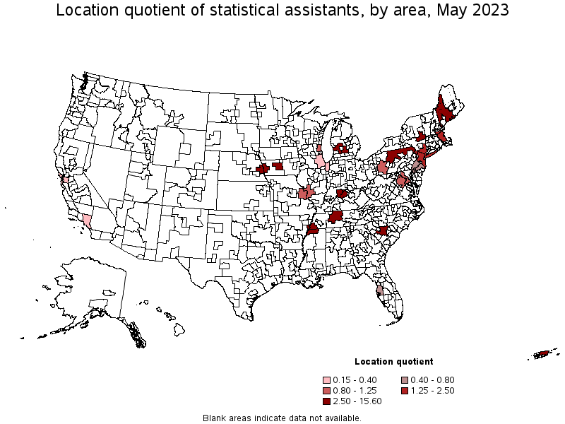 Map of location quotient of statistical assistants by area, May 2023