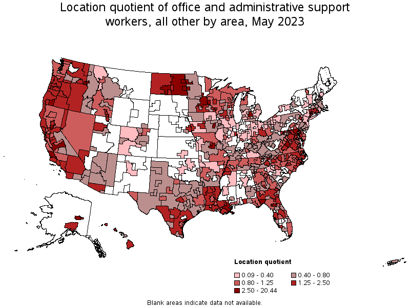 Map of location quotient of office and administrative support workers, all other by area, May 2022