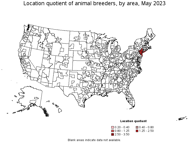 Map of location quotient of animal breeders by area, May 2023