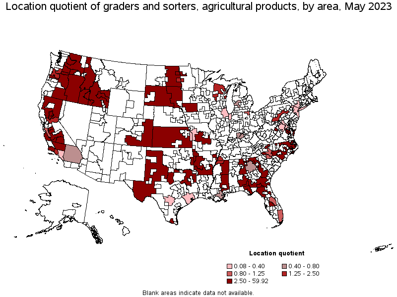 Map of location quotient of graders and sorters, agricultural products by area, May 2023
