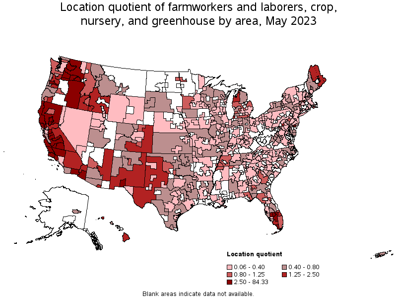Map of location quotient of farmworkers and laborers, crop, nursery, and greenhouse by area, May 2023