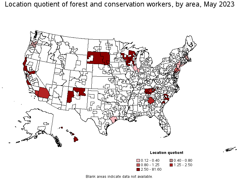 Map of location quotient of forest and conservation workers by area, May 2023