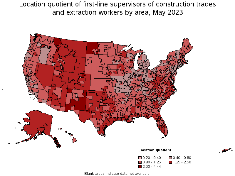 Map of location quotient of first-line supervisors of construction trades and extraction workers by area, May 2023