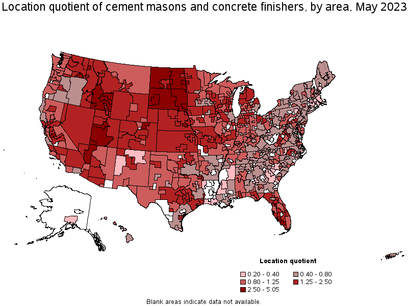Map of location quotient of cement masons and concrete finishers by area, May 2023