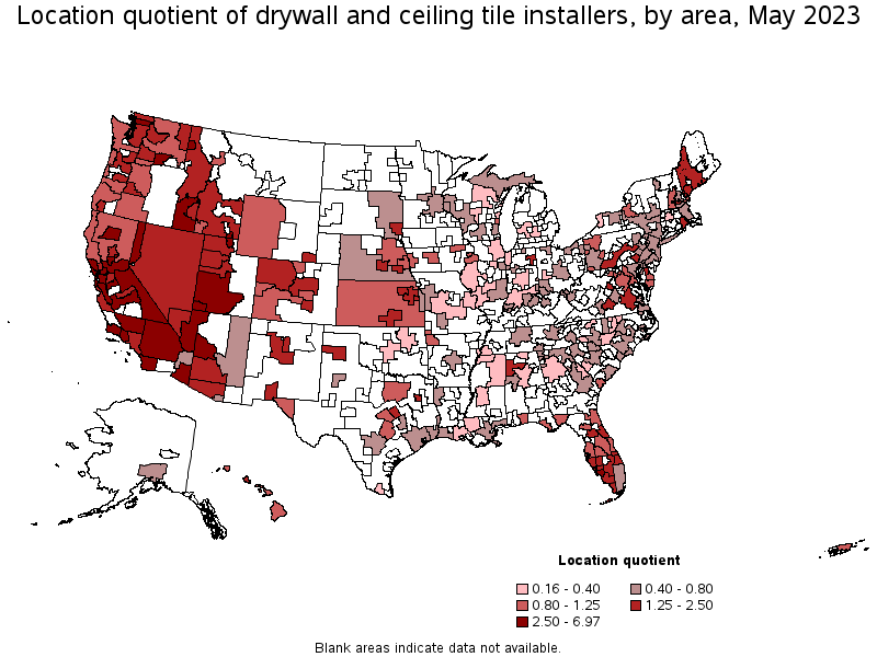 Map of location quotient of drywall and ceiling tile installers by area, May 2023