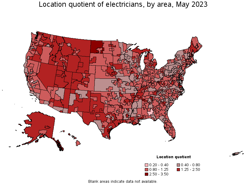 Map of location quotient of electricians by area, May 2023