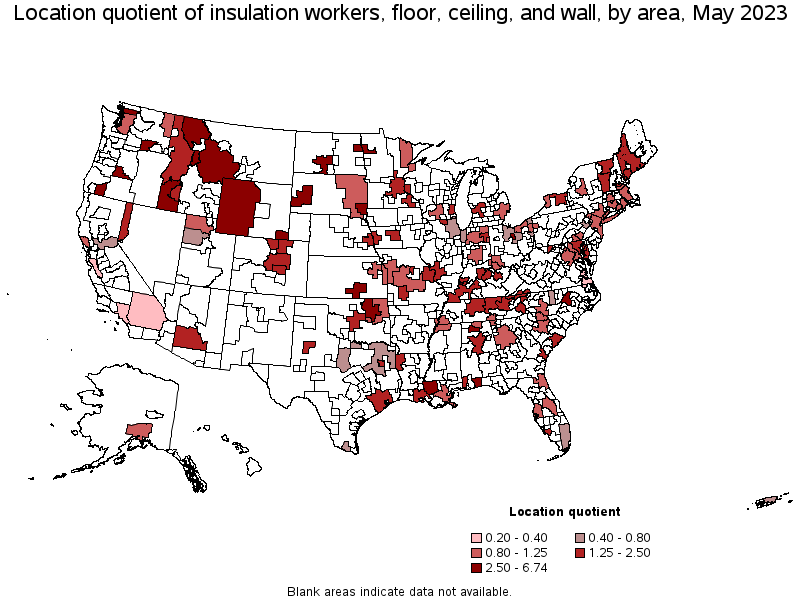 Map of location quotient of insulation workers, floor, ceiling, and wall by area, May 2023
