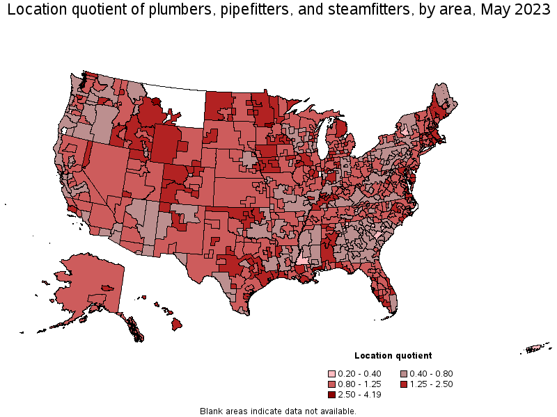 Map of location quotient of plumbers, pipefitters, and steamfitters by area, May 2023