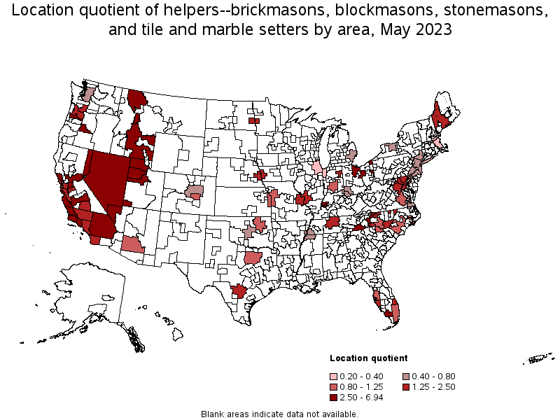 Map of location quotient of helpers--brickmasons, blockmasons, stonemasons, and tile and marble setters by area, May 2023