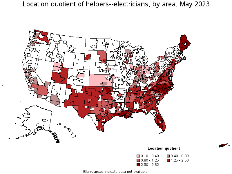 Map of location quotient of helpers--electricians by area, May 2023