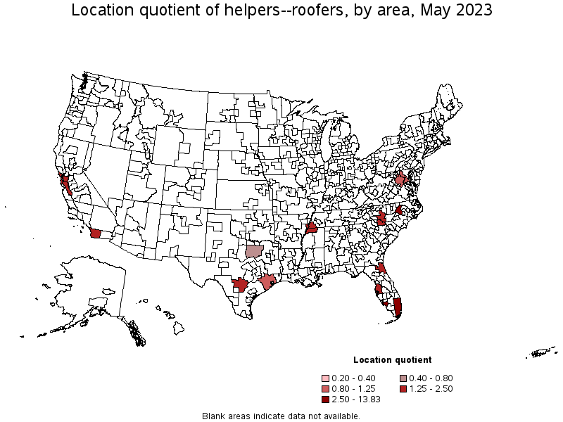 Map of location quotient of helpers--roofers by area, May 2023